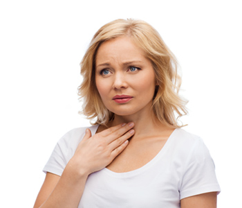 women touching her throat from vocal nodules-SL Hunter Speechworks